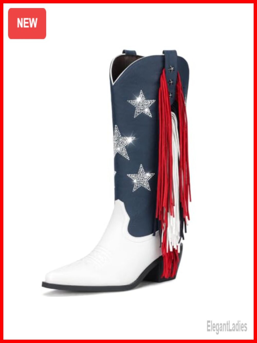 Rhinestone Cowboy Boots Faux Leather Fringe Pointed Toe Block Heel Western